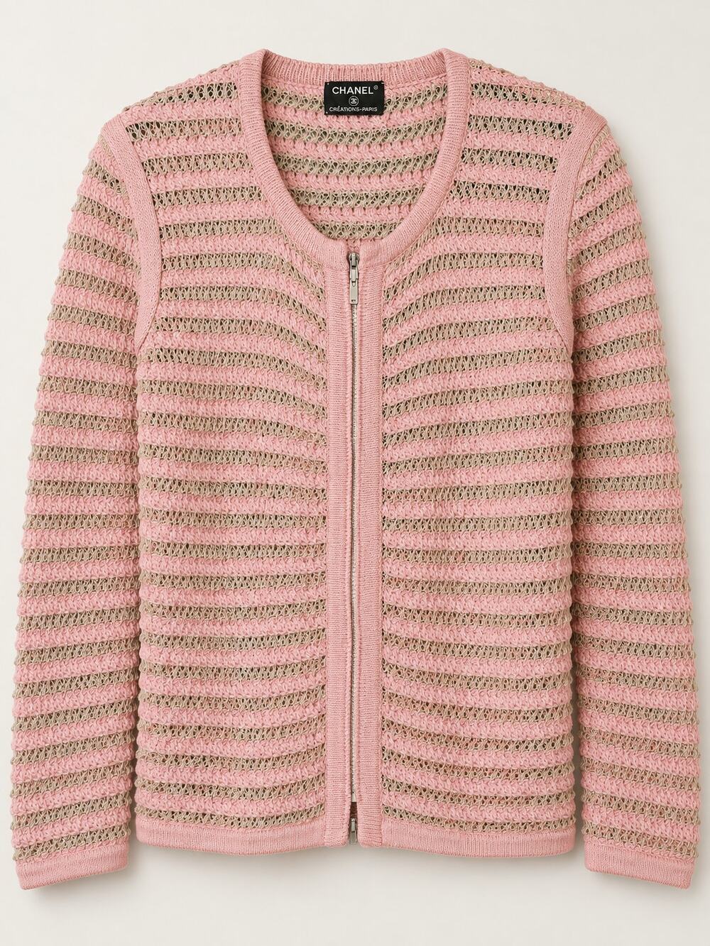 Vintage CHANEL Creations 1970s Open Knit Zip Sweater Pink Large